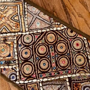 Hand made patch worked table runner with small round mirror details, fully lined